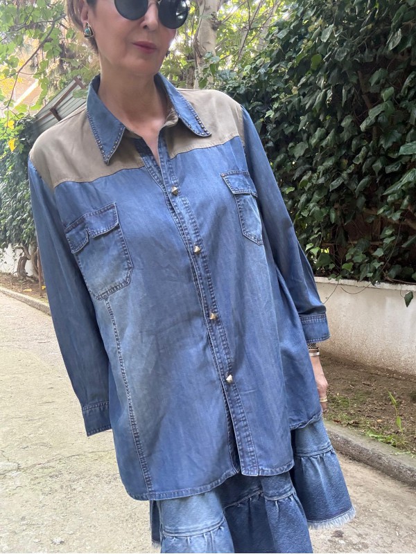 Foli Vintage Büyük Beden Jean Gömlek