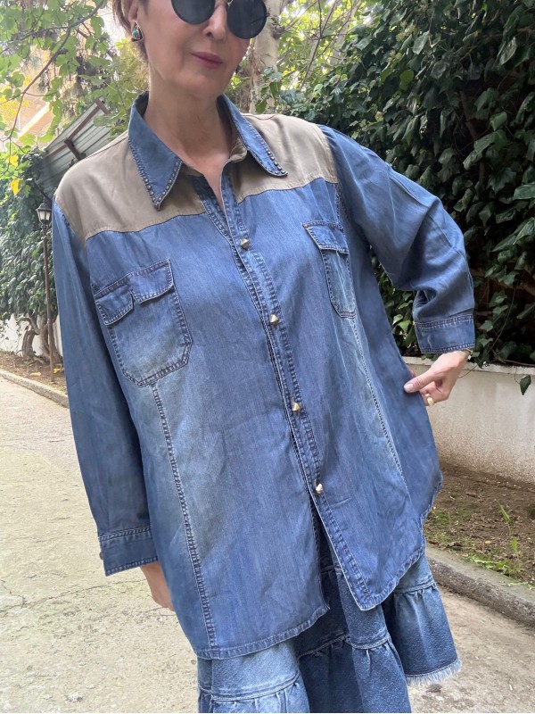 Foli Vintage Büyük Beden Jean Gömlek