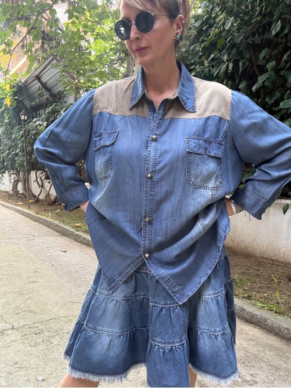 Foli Vintage Büyük Beden Jean Gömlek