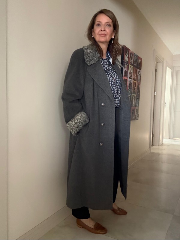 1980s Özel Dikim Yün-Kaşmir Gri Vintage Manto