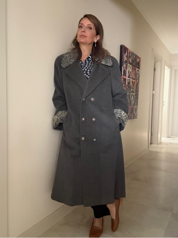 1980s Özel Dikim Yün-Kaşmir Gri Vintage Manto