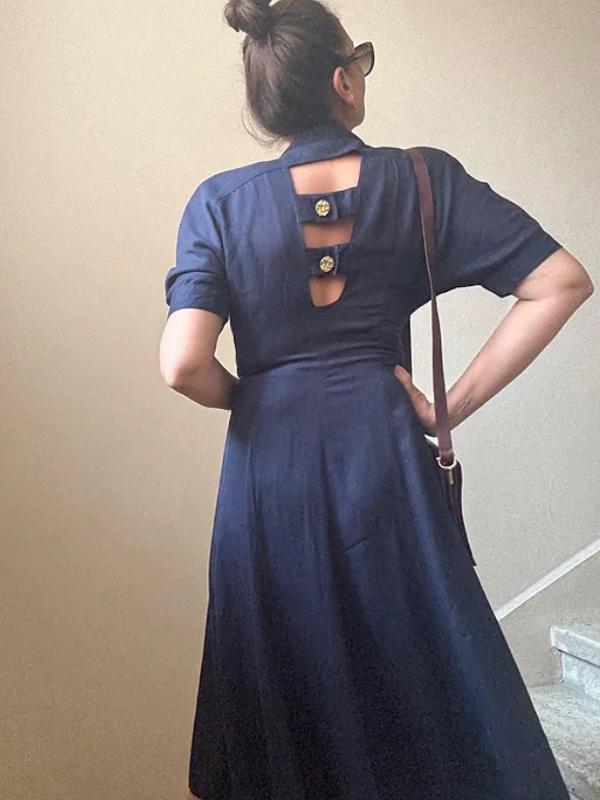 Vintage Gold Düğmeli Keten Elbise