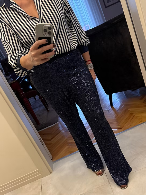 Lacivert Payetli Bol Paça Pantolon