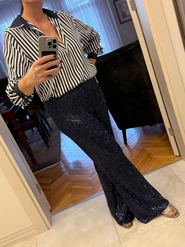 Lacivert Payetli Bol Paça Pantolon