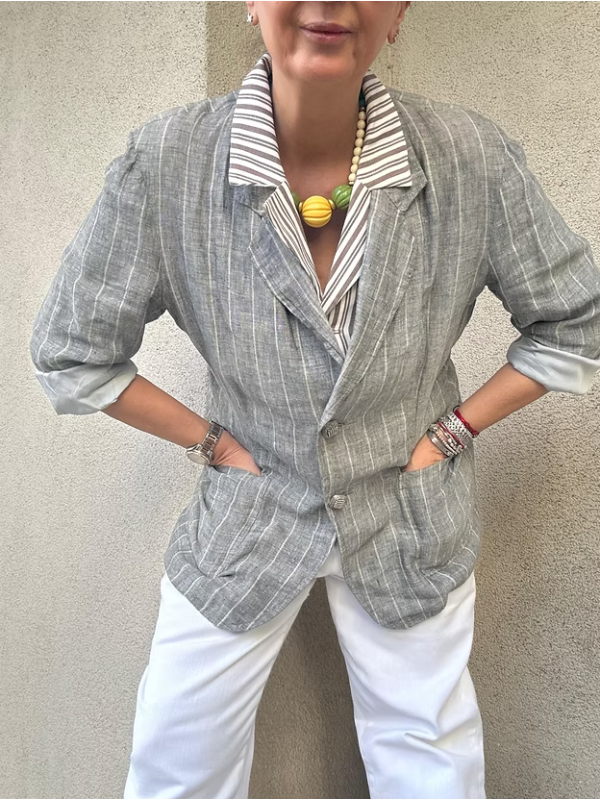 Vintage Keten Çizgili Ceket