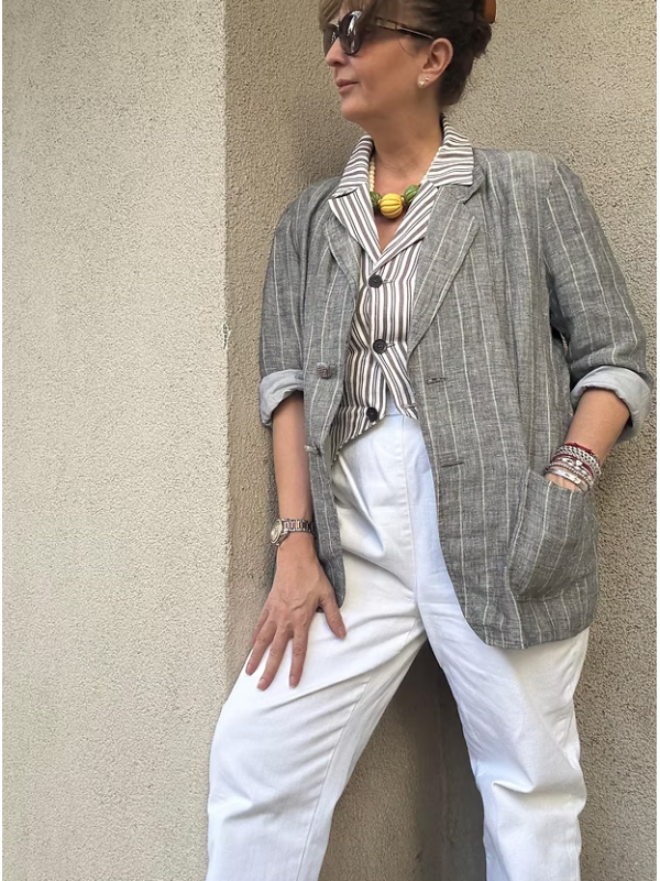 Vintage Keten Çizgili Ceket