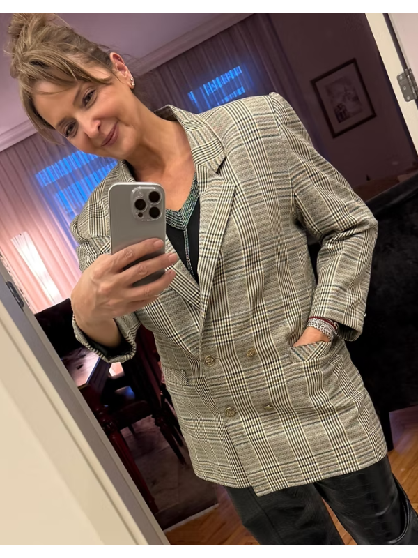 Vintage Kruvaze Gold Düğmeli Ekose Blazer