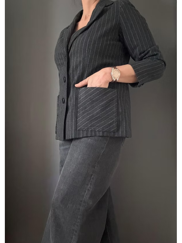 Vintage Yün Antrasit Çizgili Ceket