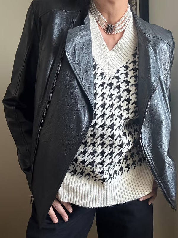 Vintage Şal Desenli Deri Ceket / Mont