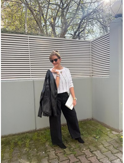 Vintage Dökümlü Floş İplik Triko Bluz