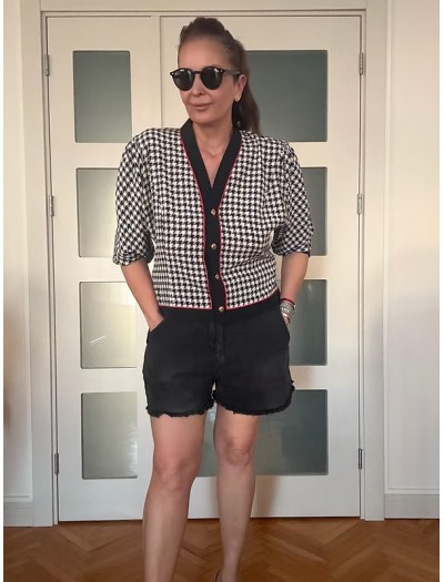 Vintage Gold Düğmeli Kazayağı Desen Bluz