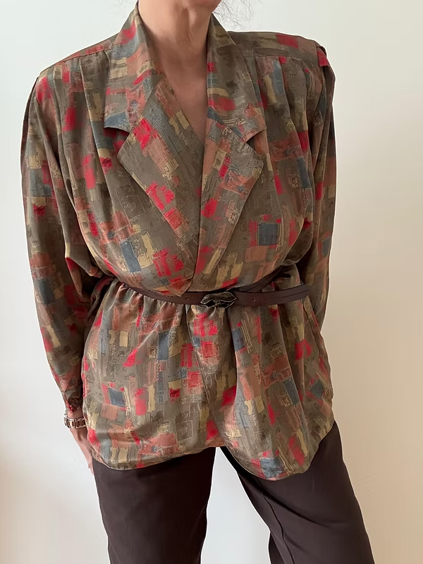 Vintage 80 Soyut Desen Gömlek/Ceket Saten-İpek