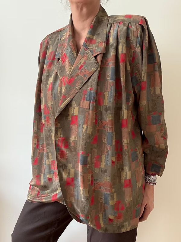 Vintage 80 Soyut Desen Gömlek/Ceket Saten-İpek