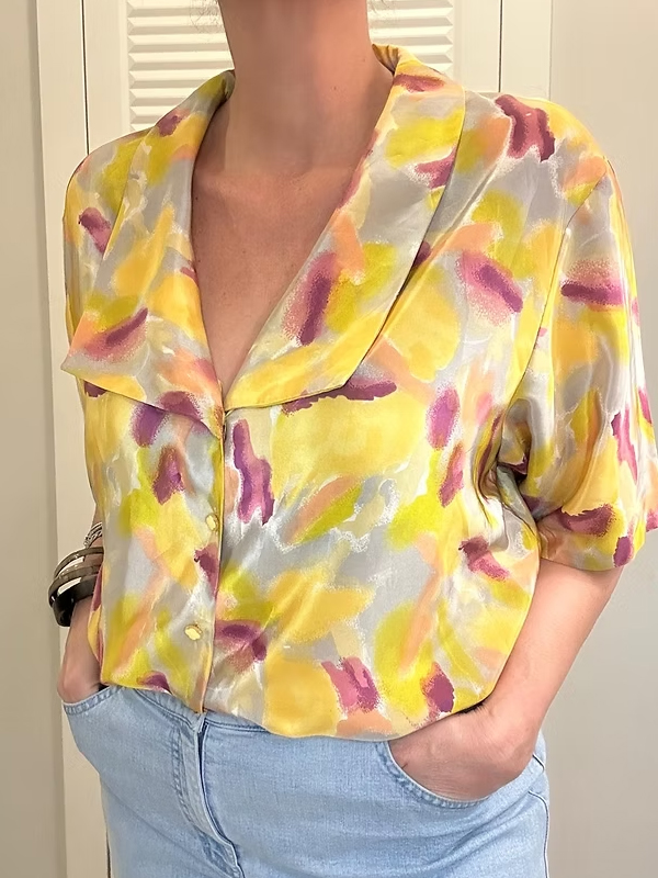 Vintage 80 Soyut Desenli Saten-İpek Gömlek