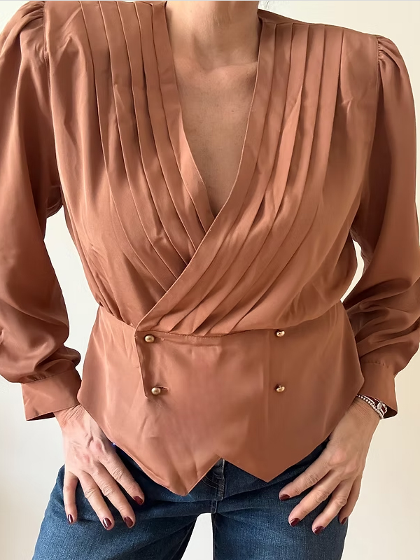 Vintage 80 Gold Düğmeli Vatkalı Bluz