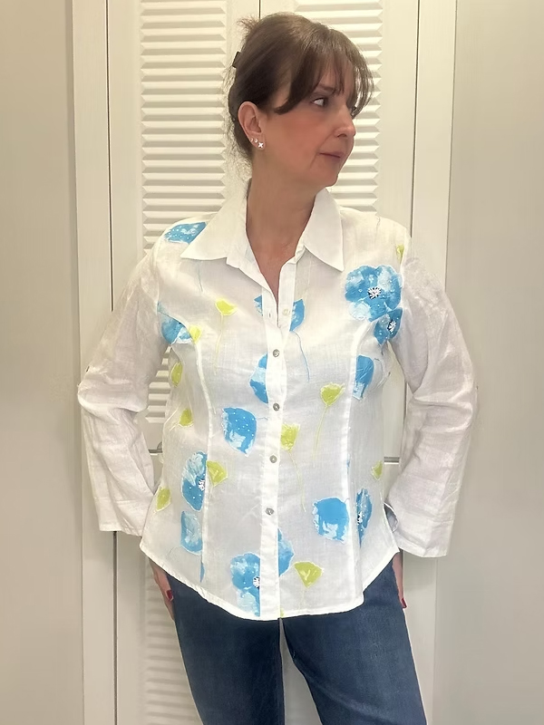 Vintage Keten Tül Üzeri İşlemeli Gömlek