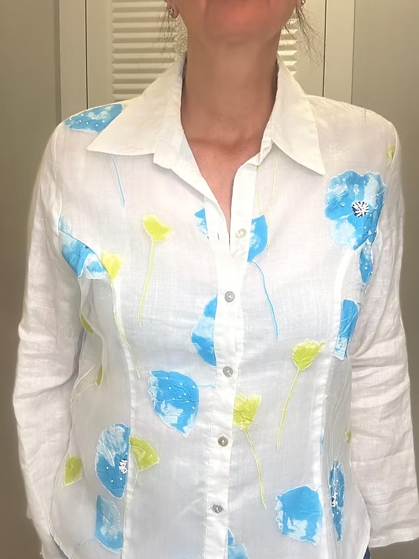 Vintage Keten Tül Üzeri İşlemeli Gömlek