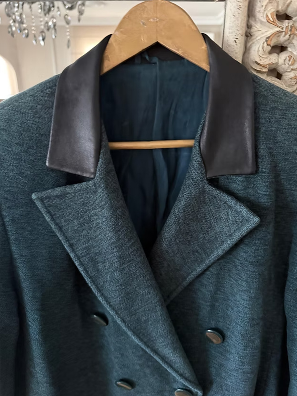 Deri yakalı Vintage Yün Kaban