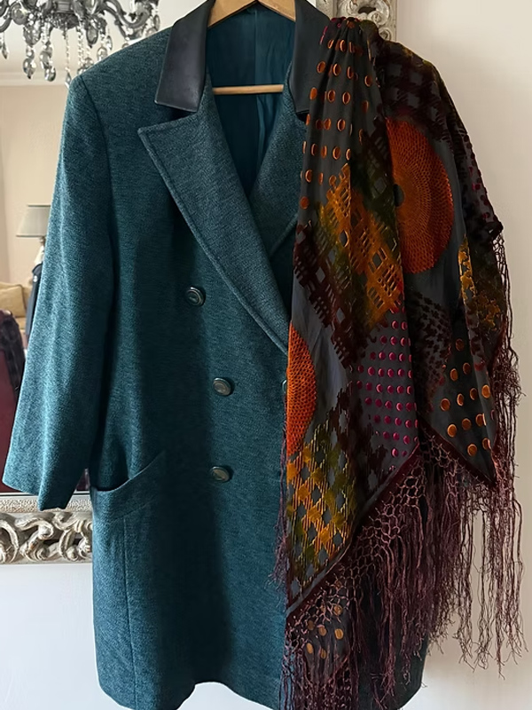 Deri yakalı Vintage Yün Kaban