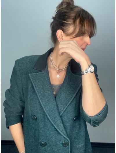 Deri yakalı Vintage Yün Kaban