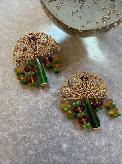 Vintage Doğal Taşlı Yelpaze Küpe