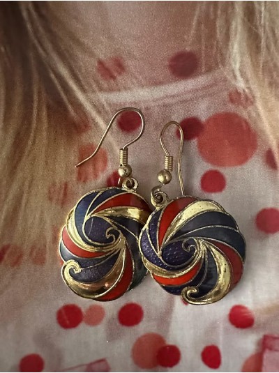 Vintage 80's Cloisonne Mineli Küpe ( Kırmızı)